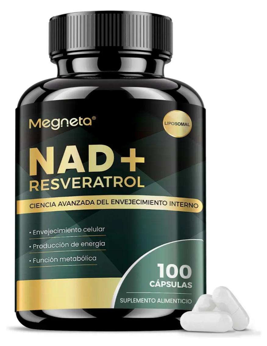 Frasco de suplemento Megneta NAD+ Resveratrol con 100 cápsulas